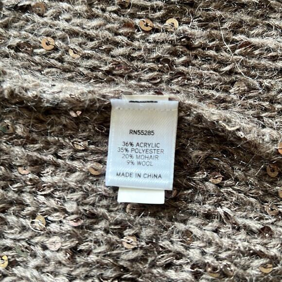 Express Size M Sequin Embellished Taupe Cardigan Sweater Open Front Pockets - Picture 5 of 9